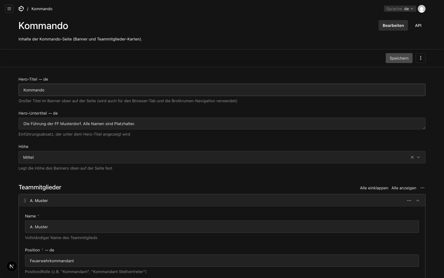 Kommando, Chargen und Aktive mit Funktion, Dienstgrad und Bild. Kontaktdaten erscheinen nur mit Häkchen.